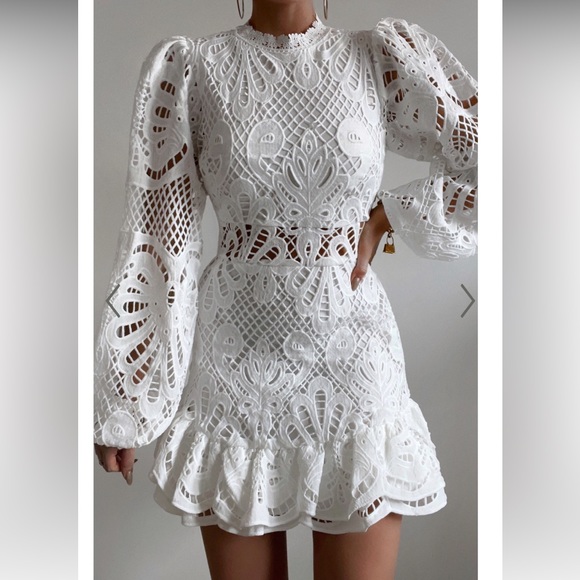 KISS ME NOW MINI DRESS - LONG PUFF SLEEVE DRESS IN WHITE LACE.. Listed at $129 - Picture 3 of 5